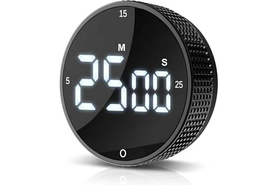 JUNVIL Digital Kitchen Timer - Magnetic Countdown Count Up Clock with Large LED Display, 5/15/25 Min Presets, 3 Volume Levels, Rotary Dial for Cooking, Productivity, Classroom, Fitness (1, Black)
