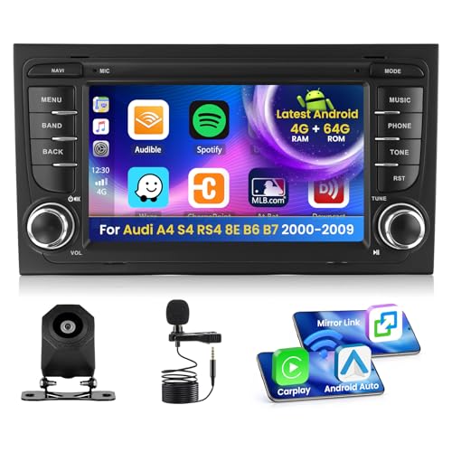 Inefala 4+64G Stereo for Audi A4 S4 RS4 8E B6 B7 2000-2009 Android 15 with Wireless Carplay and Android Auto, 7'' Radio Screen with Bluetooth 32EQ GPS FM/RDS SWC AHD Reverse Camera