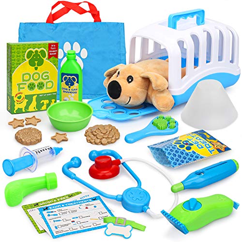 Sanlebi Pet Care Play Set Pretend Veterinary Medical Kit Vet Dog Grooming  Toys with Puppy Dog Cage Stethosco