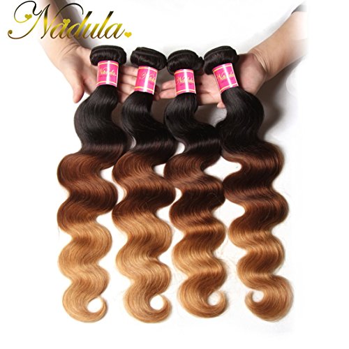 Nadula 6A Grade Brazilian Virgin Wavy Ombre Body Wave 3 Bundles Cheap Human Hair Products 95-100g/pcs Remy Weave Extensions Natural Color (16 18 20, T1b/4/27)