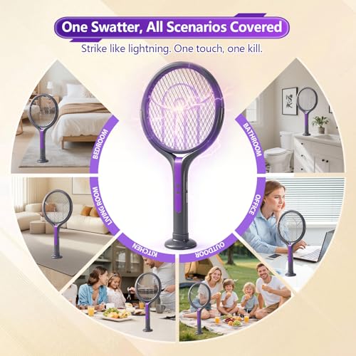 Electric Fly Swatter, Rotating Head Bug Zapper, Dual Modes Mosquito Killer with Purple Mosquito Light Rechargeable for Indoor Home Patio Camp Office, Telescopic Extension
