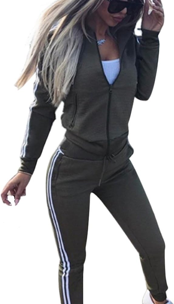 CHICFOR Womens Striped Side 2 Pieces Tracksuit Long Sleeve Zipper Hooded Jacket Drawstring Sweatpants Sweatsuit