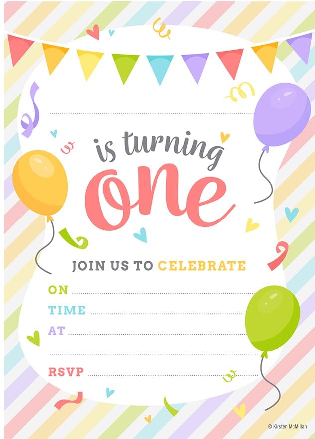 Kirsten McMillan 32 Multicolour 1st Birthday Party Invitations for Kids with Envelopes - Pack of 32 Balloon Party Invites for Girls & Boys - Designed and Printed in the UK