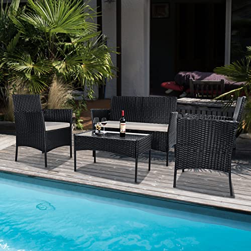 Bigzzia Rattan Garden Furniture Set, 4 Piece Patio Rattan Furniture