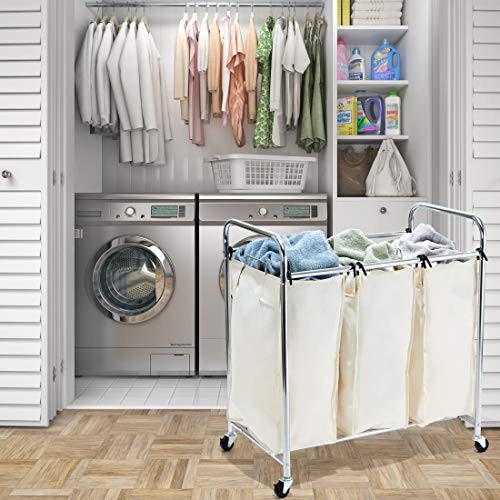 Seville Classics Laundry Hamper Sorter Cart Mobile Premium 3Bag With