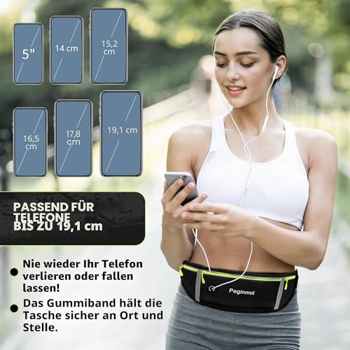 PEGINMOL Running Belt for Mobile Phone, Running Bag Jogging Waterproof Runner Waist Bag for Men and Women with 3 Pockets, Large Capacity Sports Belt, Adjustable Running Belt for Running (Black + Green)