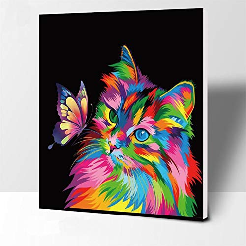 Elftoyer Paint by Numbers for Kids & Adults & Beginner, DIY Canvas Painting Gift Kits for Home Decoration - Colorful Cats and Butterflies 12 x 16 inch (Wooden Frame)