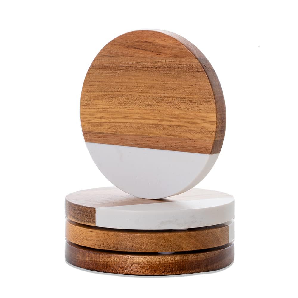 Marble Acacia Wood Drinks Coasters Set of 4, Round Wooden Coasters for Coffee Table Home Office Christmas Decor …
