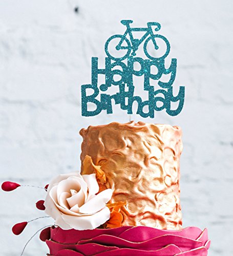 Happy Birthday Bicycle Cake Topper Glittery Light Blue Bicycle