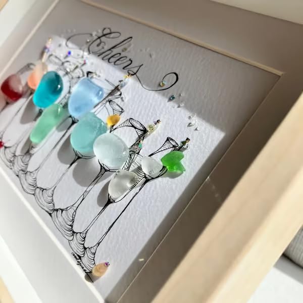 Handmade Sea Glass Cocktail Party Art - Charming Coastal Wall Decor, Beach Wedding Ornament, Unique Gift (Style A, 15x20cm)