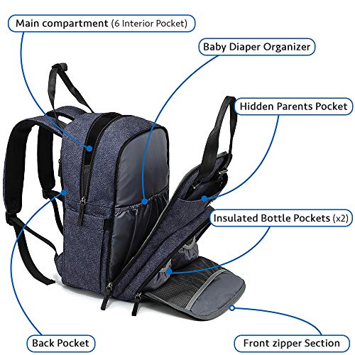 Diaper Bag Backpack Large Capacity Nappy Baby Bags with Insulated Pockets and Changing Pad Waterproof Unisex Travel Back Pack for Mom and Dad Blue