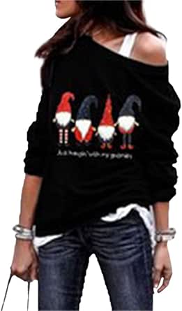 Shanenxn Women's Off Shoulder Christmas Design Printed Jumper Casual Fit Sweater Novel at Amazon 
