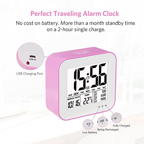 Tsumbay Digital Alarm Clock, USB Rechargeable 3 Separate Alarm Digital Clock Backlight Large Screen Display Temperature Calender Ideal for Home Office - Pink - Thumbnail 4
