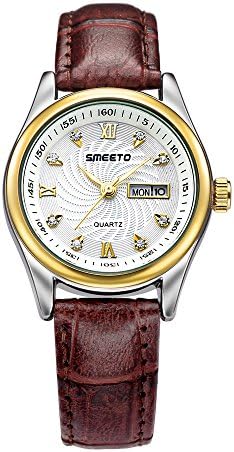 SMEETO Womens Quartz Genuine Leather Band Superb Bracelet Watch, Gold Case for Mothers Day Gift