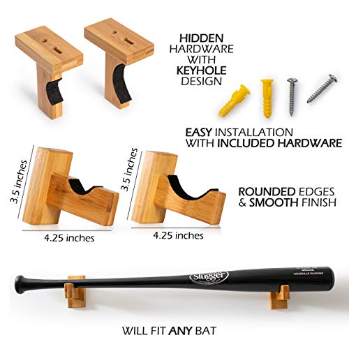 Cypress Sunrise Baseball Bat Display Case Wall Mount Horizontal Rack Brackets Hanger Holder I Bamboo Finish I Protective Felt I Hidden Hardware Included I Easy Installation