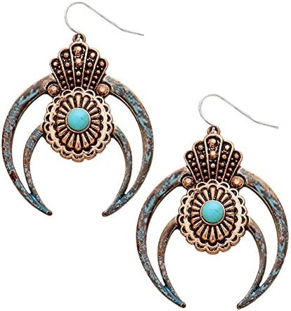 Southwest Look Patina Green &amp; Copper-Tone Crescent Horn-Shaped &amp; Teal Faux-Stone Dangle Earrings 2 1/4”