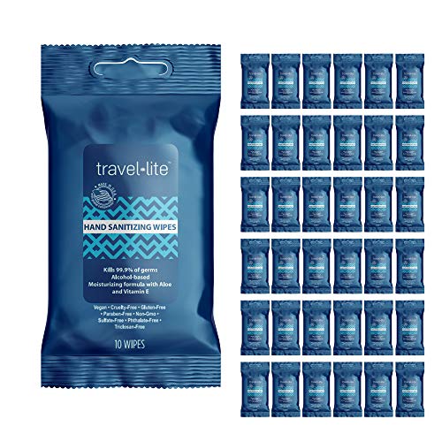 Travel Lite Hand Sanitizing Wipes 10 count soft packet,36 pack case