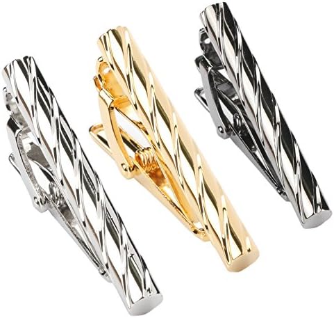 GWD 3pc Mens Tie Bar Clip 1.5 Inch, Silver-tone, Black, Golden