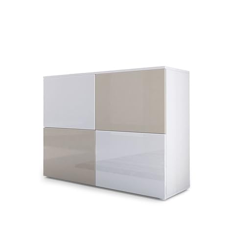 Vladon Kommode Sideboard Rova, Korpus in Weiß Matt/Türen in Weiß Hochglanz und Sandgrau Hochglanz