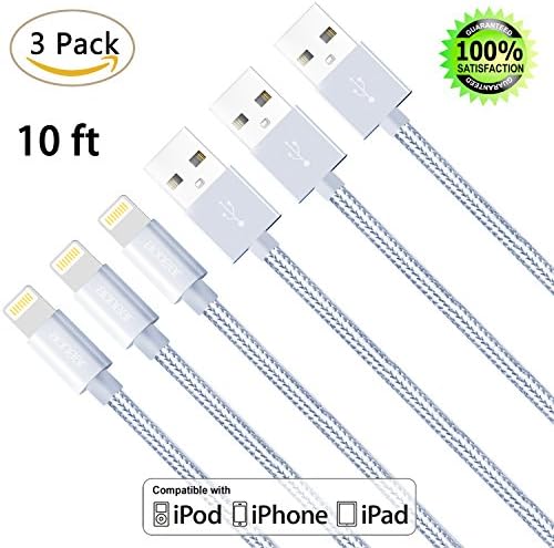 iPhone Charger, Sngg 3Pack 10FT Extra Long Nylon Braided Cord Lightning Cable to USB Charging Charger for iPhone X/8/8 Plus/7/7 Plus/6/6S/6/6S Plus/5/5S/SE/5C,iPad,iPod Nano 7 (Silver White)
