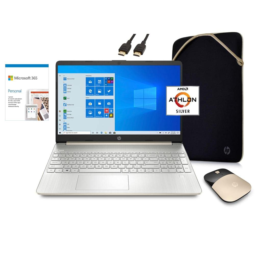 HP 2021 Laptop Computer 15.6" HD Screen, AMD Athlon 3050U 8GB RAM 512GB SSD HDMI Wi-Fi Webcam Gold Win 10 | School Essential Bundle: 1-Year Office 365, Wireless Mouse, Sleeve, VATTE HDMI Cable