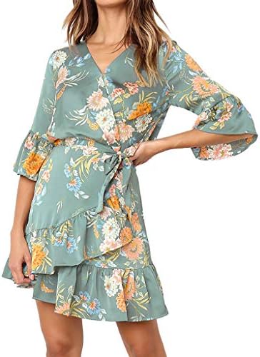 Mlide Summer Women Short Sleeve Print Dress V Neck Casual Short Dresses Ruffle Bohemia Club Short Dress