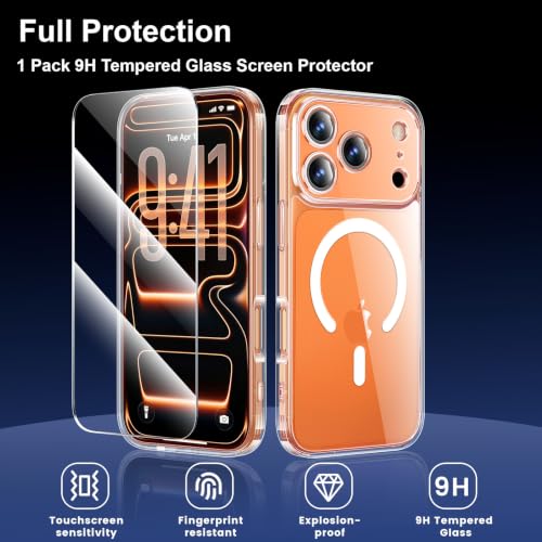 Yohii Magnetic Case for iPhone 17 Pro Max with 1 Tempered Glass and Cord, Compatible with MagSafe [Camera Protection] Anti-Scratch Shockproof Military Cover – Transparent