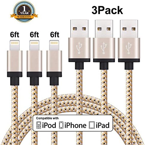 Lightning cable, Calegoo 3Pack 6FT Nylon Braided 8Pin Lightning to USB Charger Cord, Compatible with iPhone 7 7Plus SE 6s 6sPlus 6 6Plus 5 5s 5c iPad iPod &amp; More (Gold)