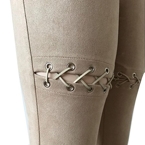 Kshion Women Suede Leather Bandage Skinny High Waist Hollow Out Sexy Piece Pants (M, Khaki) - Thumbnail 7