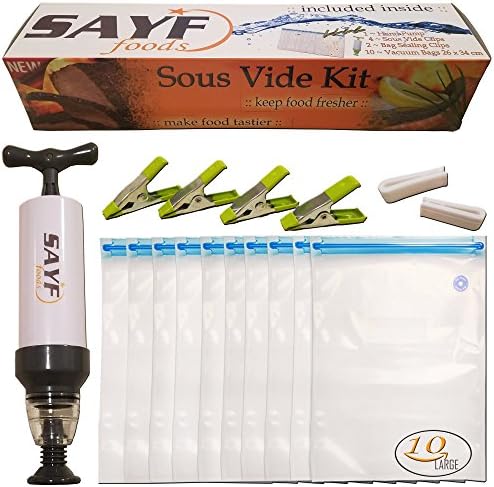 Sous Vide Bags Essentials Kit For Anova Cookers Precision Cooking, 10 BPA Free Durable Reusable Vacuum Seal Bags For Food Storage and Sous Vide Cooking, 1 Pump, 2 Bag Sealing Clips, 4 Sous Vide Clips
