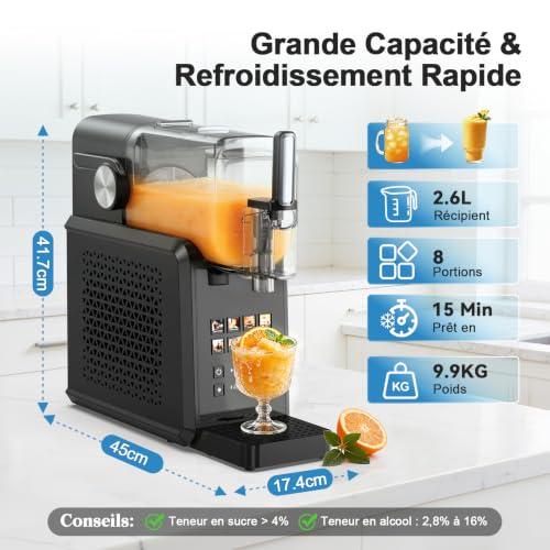 Machine à Granité, 2.6L Machine à Granita, Slush Machine sans Glace, 8 Programmes, Écran Tactile, Auto-Nettoyage, Silencieux, Machine à Glace pour Boisson Givrée Crème Glacée Cocktail Milkshake Frappé