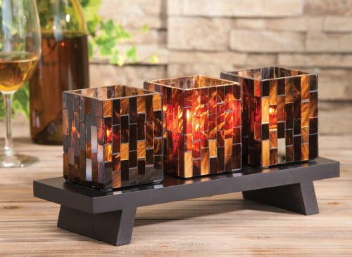 Set of 3 Mosaic Square Candle Holders with Wood Base