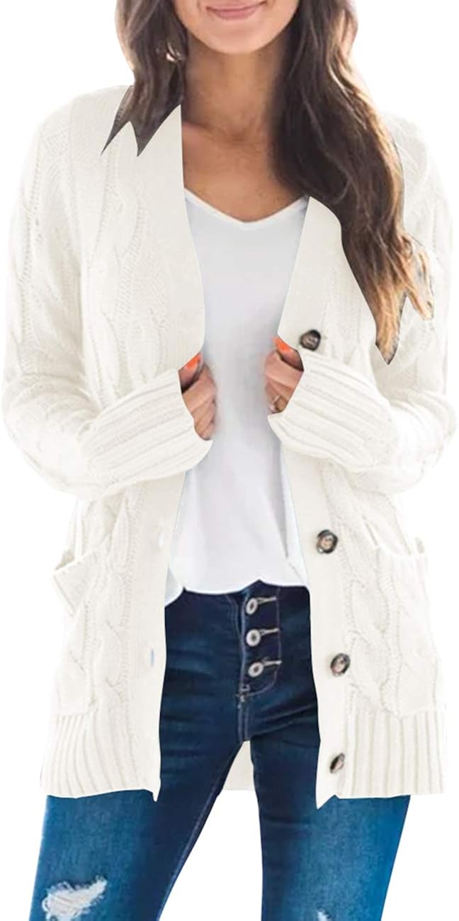 MEROKEETY Women's Long Sleeve Cable Knit Sweater Open Front Cardigan Button Loose Outerwear at  Women’s Clothing store