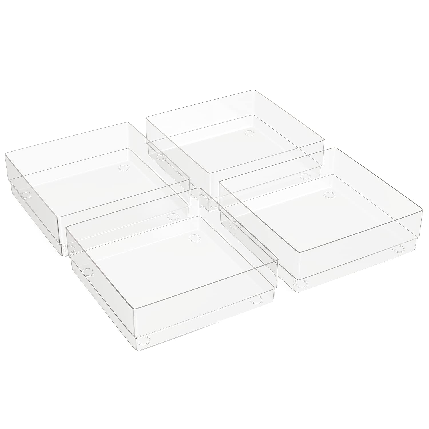 Gatton Design Desk Drawer Organiser Clear Plastic Trays | Set of 4 | Storage Organizer & Dividers | Organise Makeup, Toiletries & Stationary | Anti-Slip Feet & Stackable | (6x6x2in/15.2x15.2x5.1cm)