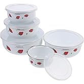 PRETYZOOM 5-Piece Enamel Bowls with Lids Set 7.2 Inch Stackable Food Storage Containers for Salad Soup Rice Mixing Bowls Kitchen Use