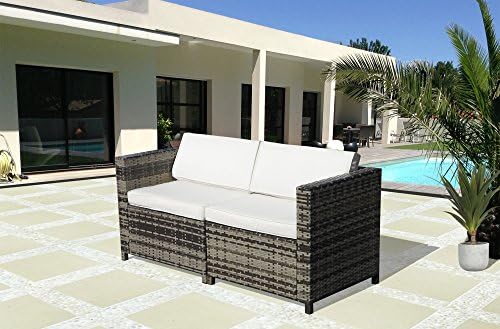 PATIOROMA Loveseat Patio Furniture Sofa All-Weather Grey Wicker Furniture with White Back Cushions &amp; Non-slip Seat Cushions| Patio, Backyard, Pool,Indoor|Steel Frame