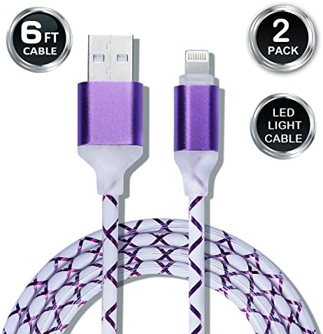 Lightning Cable, HelloEdge iPhone USB Charging Cable 6FT LED Light Blue Color Night Light Glowing High Speed Cord for Apple iPhone, iPad, iPod (2 Pack) (Purple)