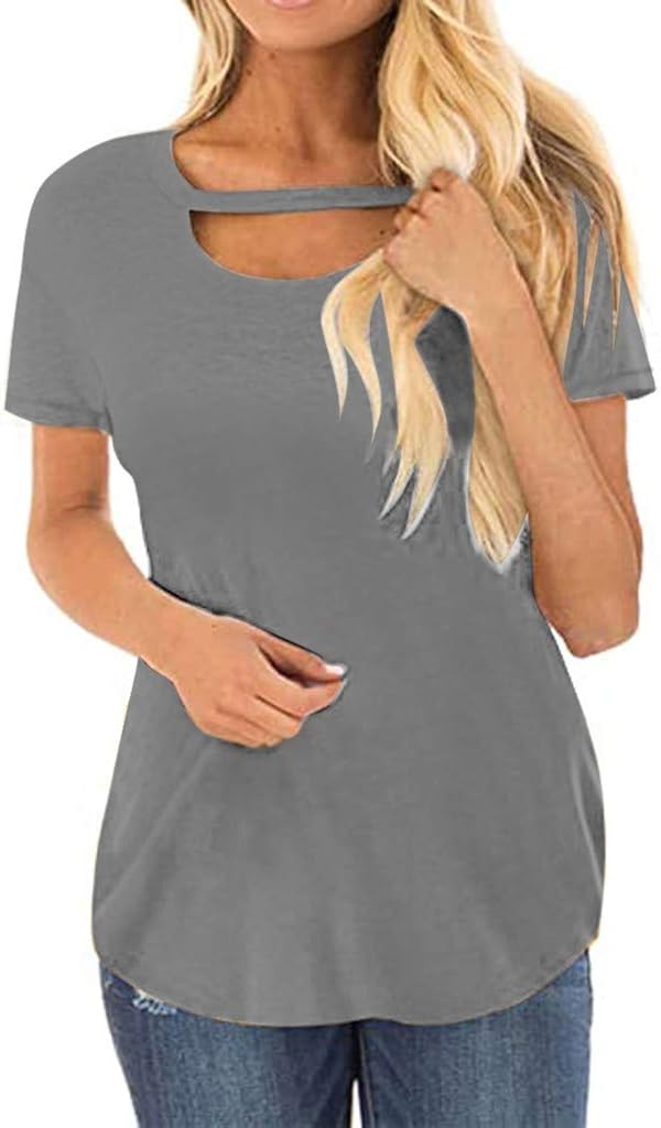 Womens Short Sleeve Tops Scoop Neck Tees Cutout Front Loose T Shirts Casual Tunic Blouse