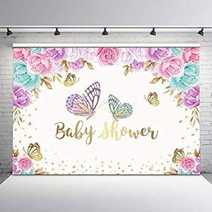 Avezano 7x5ft Butterfly Baby Shower Backdrop Spring Floral Butterfly Baby Shower Gold Dots Background Vinyl Flowers…