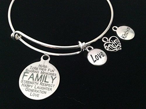 Mom Love Kindness Family Expandable Charm Bracelet Silver Adjustable Bangle Gift Trendy Meaning of Family Hugs, Together, Fun, Sharing Memories, Strength, Respect, Happy, Laughter, Generation, Love