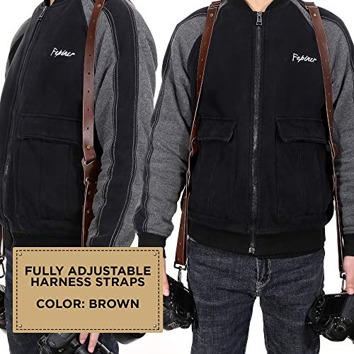 OOKU PRO Dual Camera Strap | Hand-Crafted Genuine Leather Camera Strap | Dual Shoulder Harness for SLR/DSLR Camera Sling & Camera Holster Accessories | Fully Adjustable Camera Harness Straps - Brown