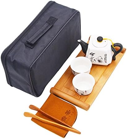 Vegali 100%Handmade Porcelain Chinese Classic Gongfu Kungfu Portable Travel TeaSets;Porcelain Teapot &amp; Teacups &amp; Bamboo Tea Tray with a Portable Travel Bag(V3) (White-Black)