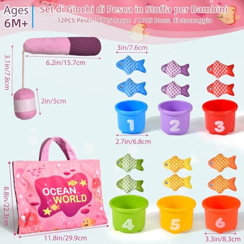 Tokiyis Montessori Games 1 Year – Soft Fishing Game for Baby Girl with 12 Fishes – Colourful Child Game Educational Toy for 6 9 12 18 Months – Pink Gifts for Children Girl 1 2 3 Years