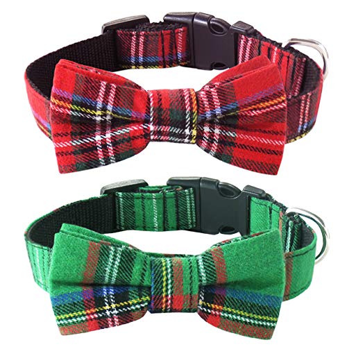 Malier Dog Collar with Bow tie Christmas Classic Plaid Dog Collar with Light Adjustable Buckle Suitable for Small Medium Large Dogs Cats Pets - S