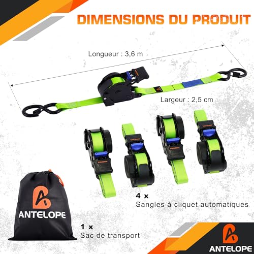 A ANTELOPE Automatic Lashing Strap 3.6 m x 25 mm, Pack of 4 Automatic Lashing Strap Reel, 340 kg/680 kg, Retractable Tie Down Straps with Ratchet and S Hooks for Motorcycle, Kayak and Truck, Green