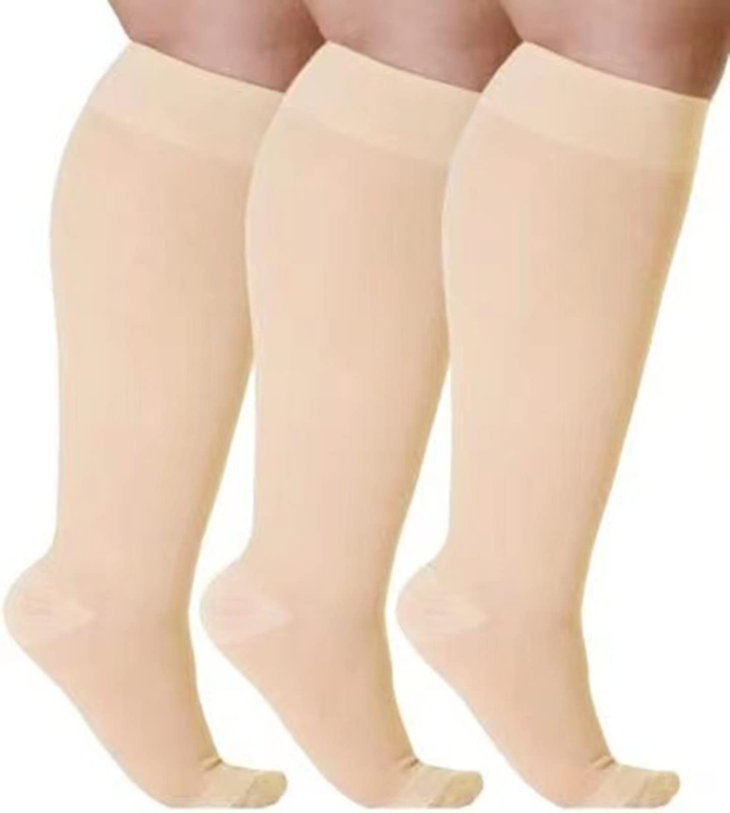 Cheeroyal 3 Pack Plus Size Compression Socks for Women and Men, 20-30mmhg Extra Large Wide Calf Knee High Stockings for Circulation Support (6XL, skin)