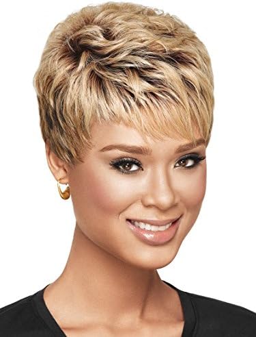 Mix Blonde Brown Super Short Wavy Pixie Cut Synthetic Hair Wigs For Black Women With Bangs Heat Resistant Wigs With Free Wig Cap SW0113
