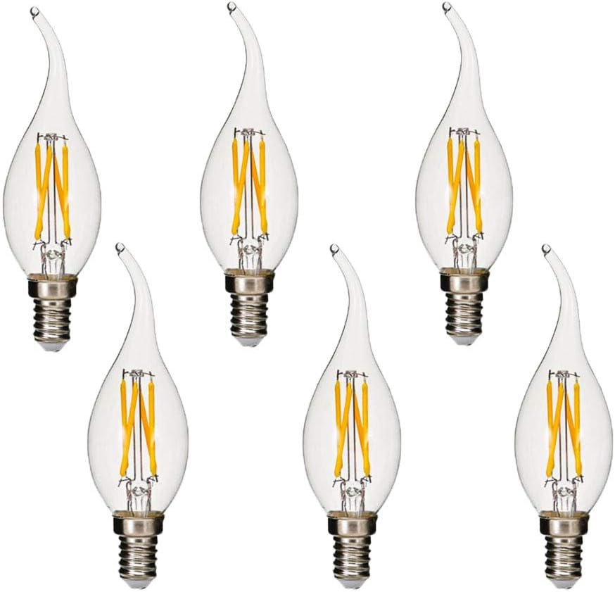 BANGSHUO Pack 6 E14 Vintage Candelabra LED Bulb 4W C35 400 Lumens Warm White 2700K Chandelier Light Bulbs C35 Filament LED Candle Bulb Flame Tip No Dimmable