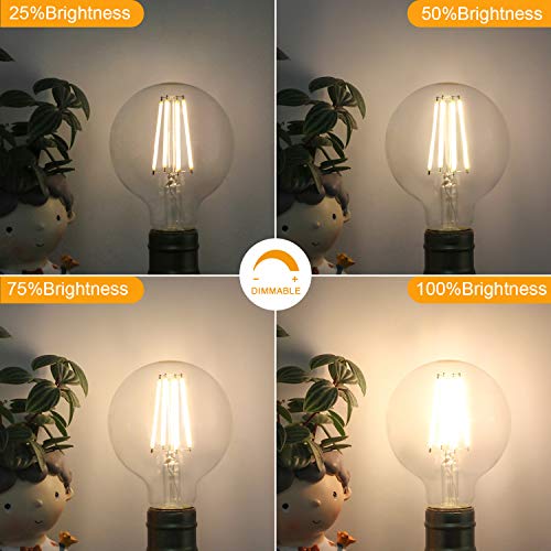 G25 Led Edison Bulb Dimmable LED Globe Light Bulb 60W Equivalent 2700K Soft White 600LM 6W Led Filament Bulb E26 Standard Base Decorative Vanity Bulbs for Makeup Mirror, Bathroom, 4 Pack, by Boncoo