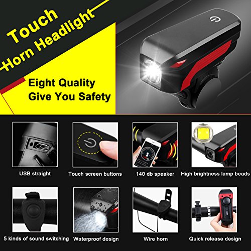 image for Elegant Choise Bicycle Headlight, Bike Horn USB Rechargeable Bike Fron